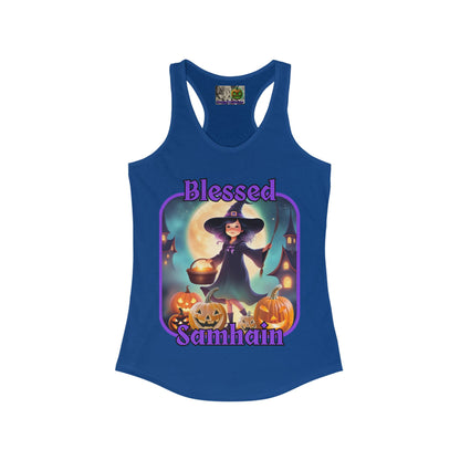 Blessed Samhain Little Witch Purple font Women's Racerback Tank Top by CreepyCrafts.boo