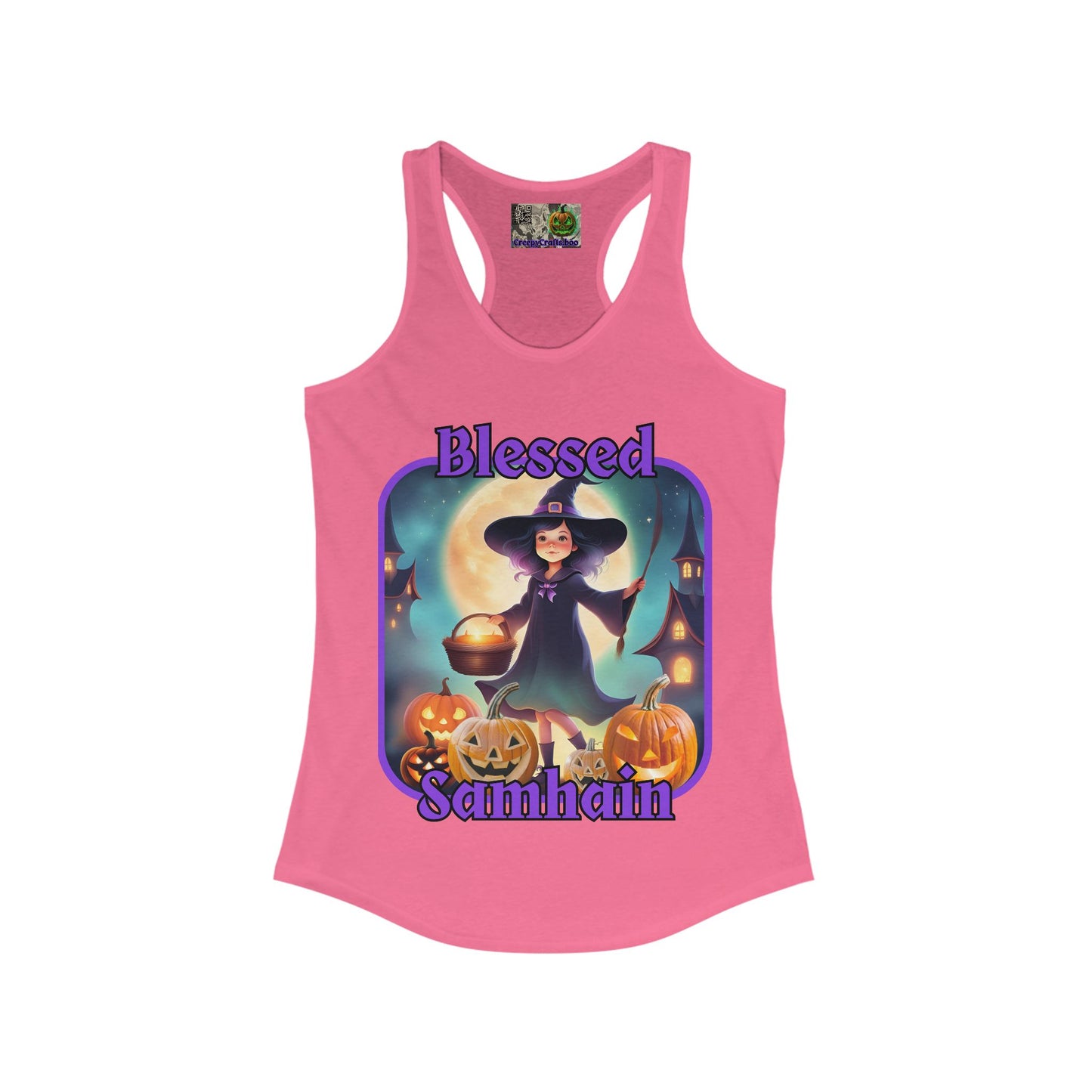 Blessed Samhain Little Witch Purple font Women's Racerback Tank Top by CreepyCrafts.boo