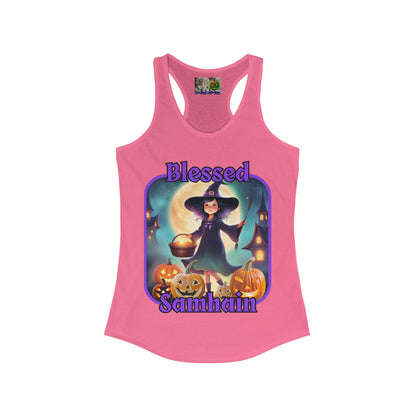 Blessed Samhain Little Witch Purple font Women's Racerback Tank Top by CreepyCrafts.boo