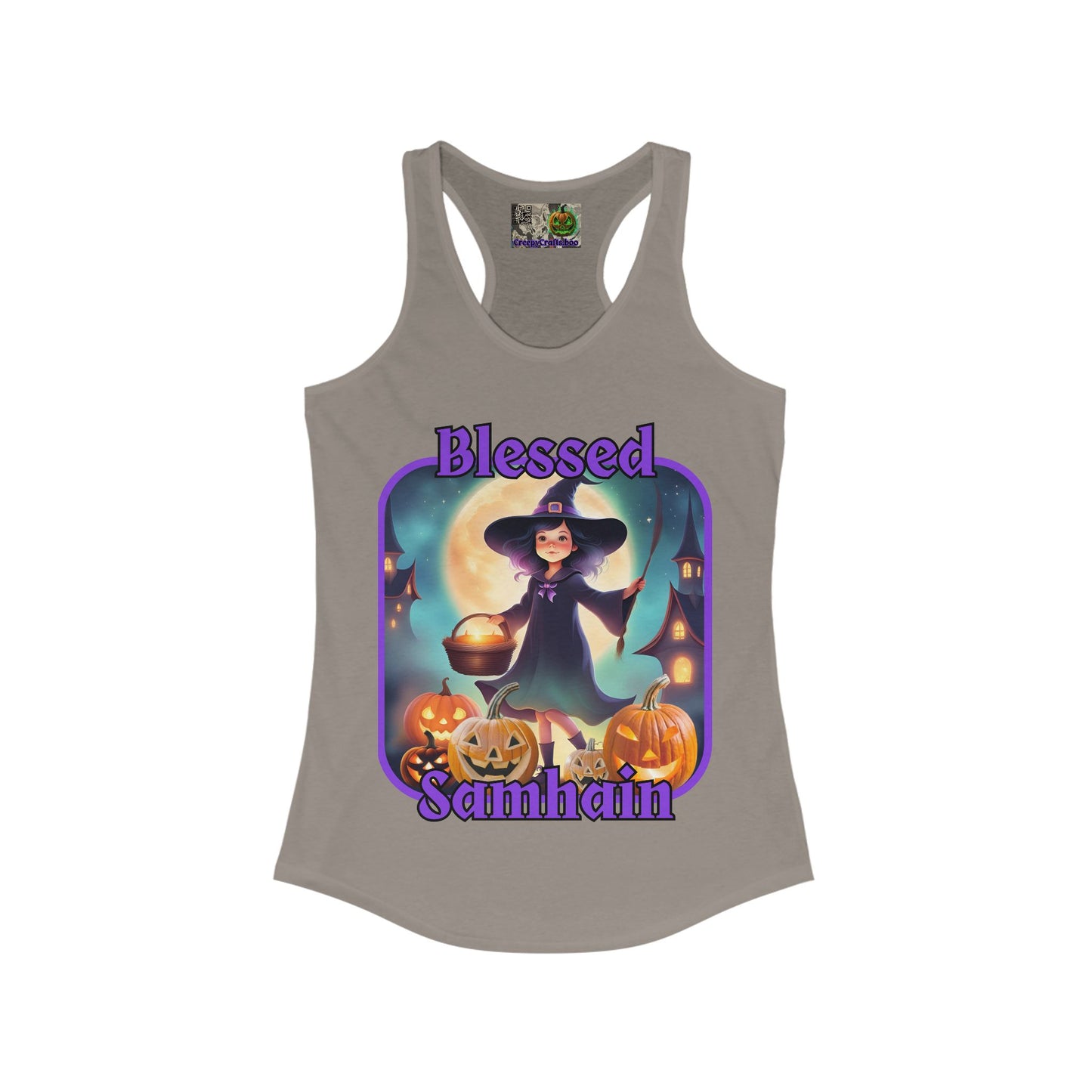 Blessed Samhain Little Witch Purple font Women's Racerback Tank Top by CreepyCrafts.boo