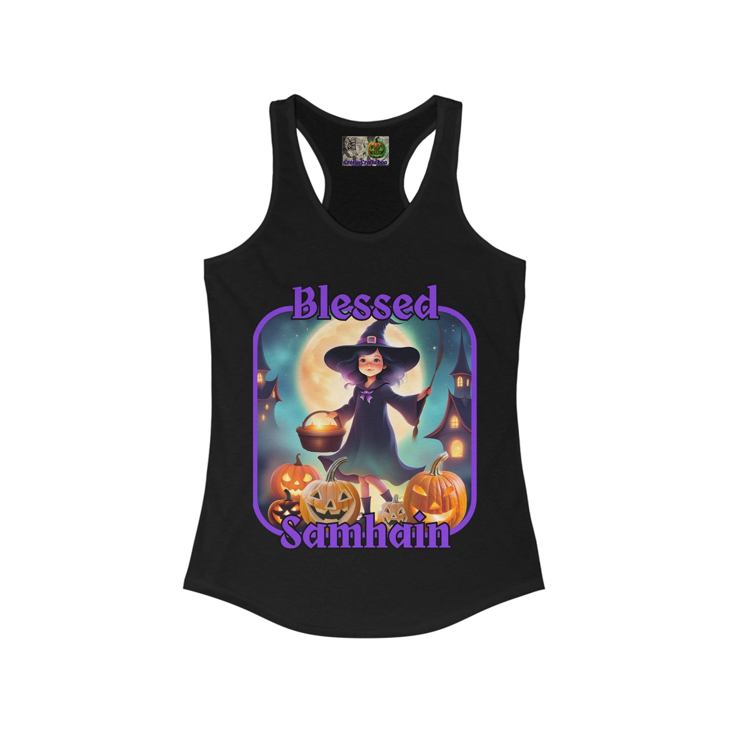 Blessed Samhain Little Witch Purple font Women's Racerback Tank Top by CreepyCrafts.boo