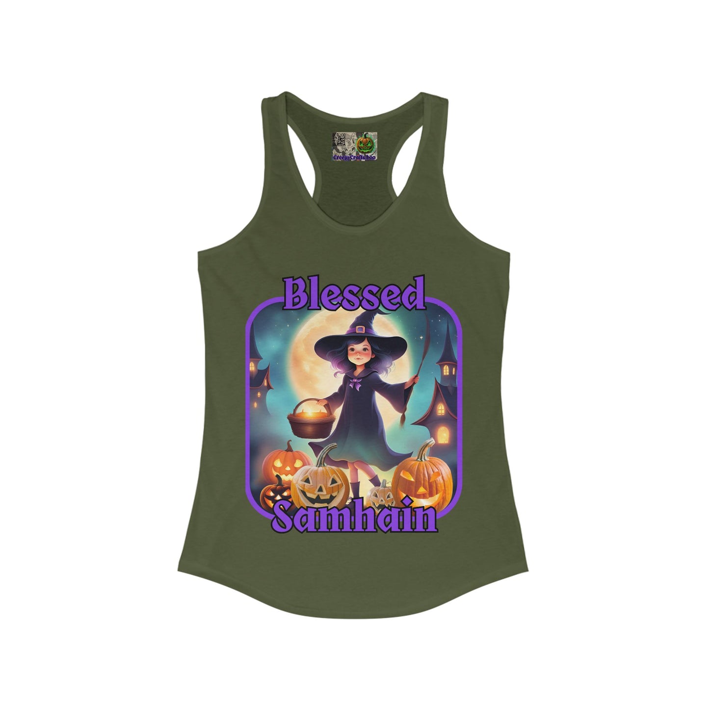 Blessed Samhain Little Witch Purple font Women's Racerback Tank Top by CreepyCrafts.boo