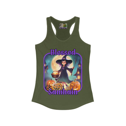 Blessed Samhain Little Witch Purple font Women's Racerback Tank Top by CreepyCrafts.boo