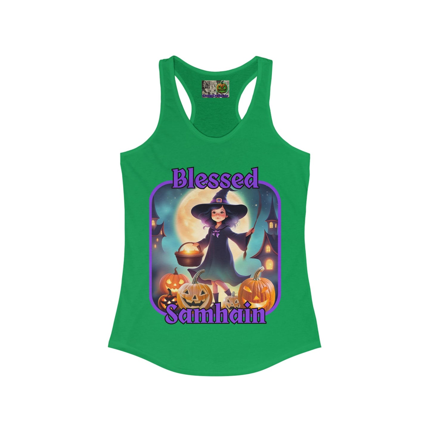 Blessed Samhain Little Witch Purple font Women's Racerback Tank Top by CreepyCrafts.boo