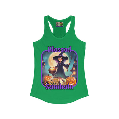 Blessed Samhain Little Witch Purple font Women's Racerback Tank Top by CreepyCrafts.boo