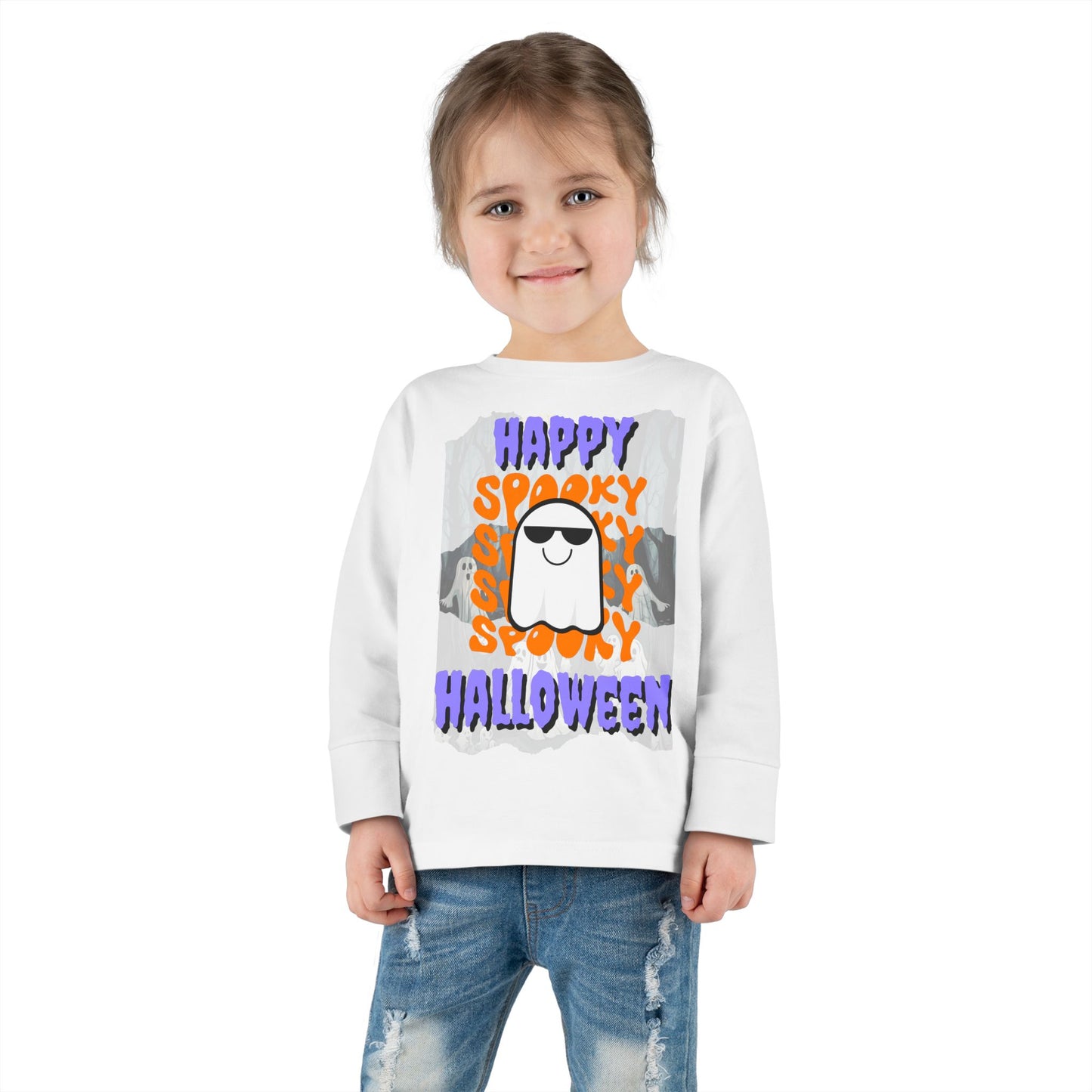 Spooky Happy Halloween Ghost Purple font Toddler Long Sleeve Tee by CreepyCrafts.boo