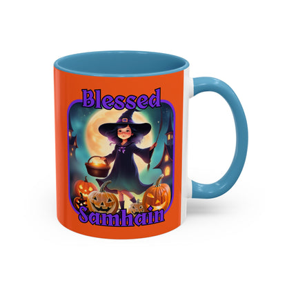 Blessed Samhain Little Witch Purple font Orange Accent Mug by CreepyCrafts.boo