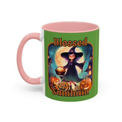 Blessed Samhain Little Witch Orange font Green Accent Mug by CreepyCrafts.boo
