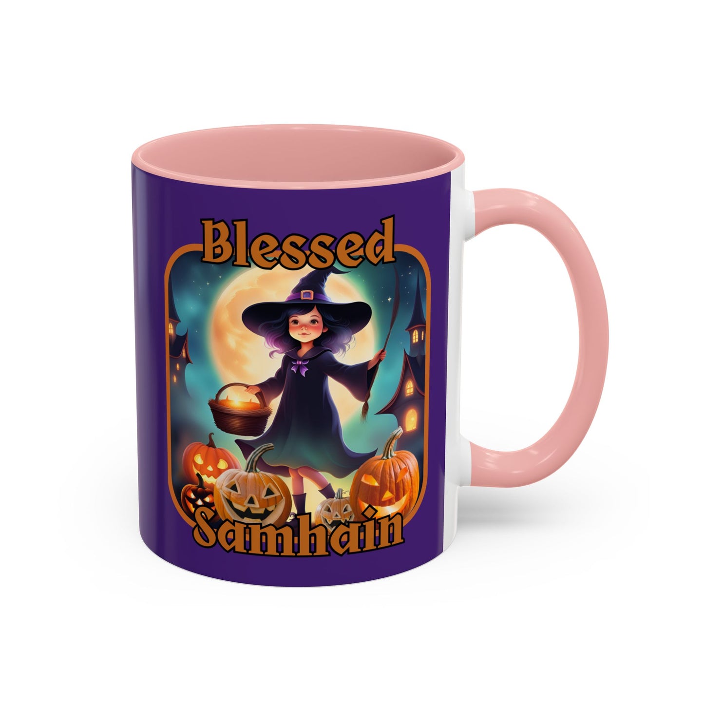Blessed Samhain Little Witch Orange font Purple Accent Mug by CreepyCrafts.boo