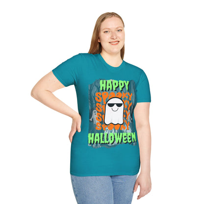 Spooky Happy Halloween Ghost Dark colors Green font Unisex T-Shirt by CreepyCrafts.boo