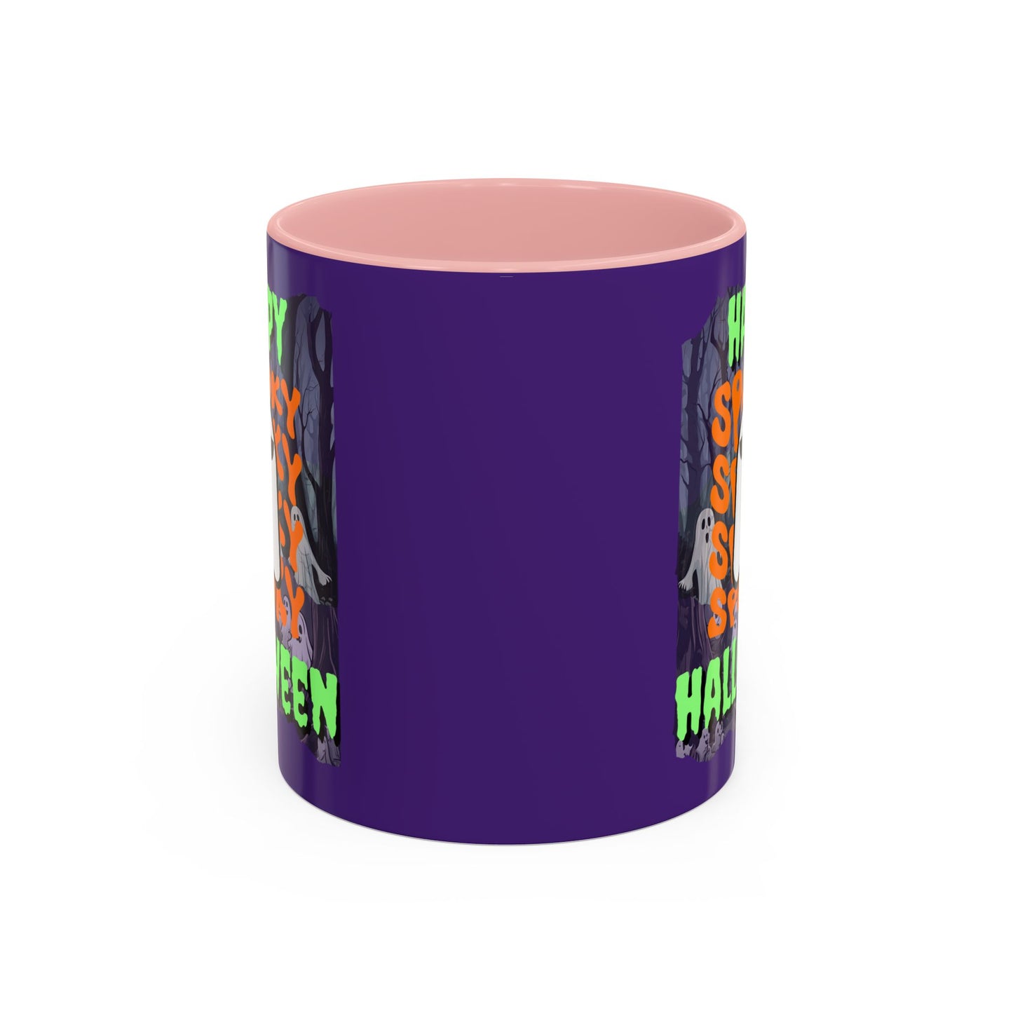 Spooky Happy Halloween Ghost Green font Purple Accent Mug by CreepyCrafts.boo