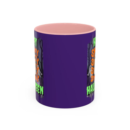 Spooky Happy Halloween Ghost Green font Purple Accent Mug by CreepyCrafts.boo