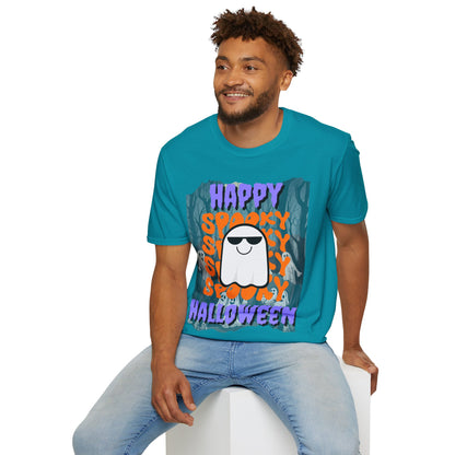 Spooky Happy Halloween Ghost Dark colors Purple font Unisex T-Shirt by CreepyCrafts.boo