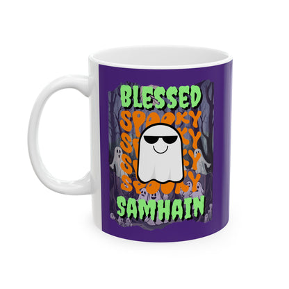 Spooky Blessed Samhain Ghost Green font Purple Mug by CreepyCrafts.boo