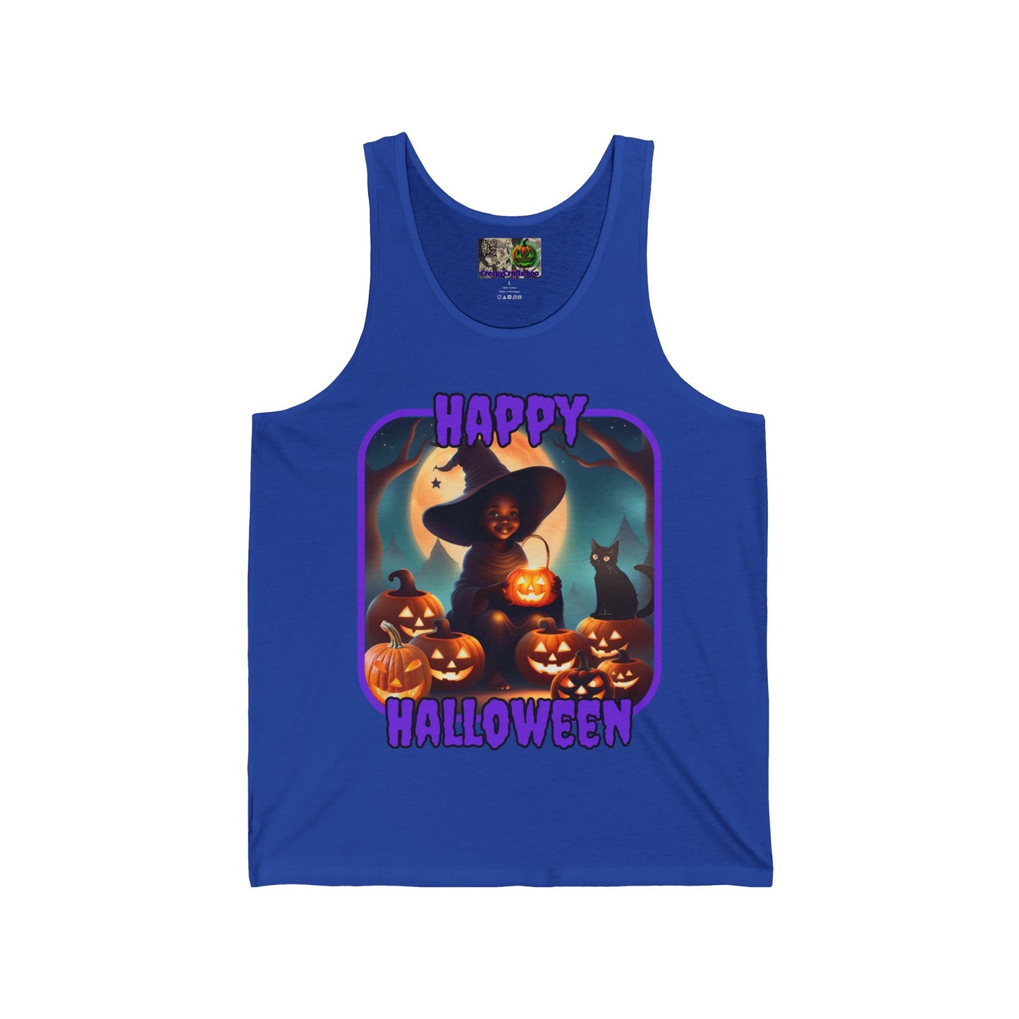 Happy Halloween Cute Witch Purple font Unisex Jersey Tank Top by CreepyCrafts.boo