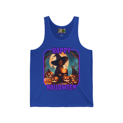 Happy Halloween Cute Witch Purple font Unisex Jersey Tank Top by CreepyCrafts.boo