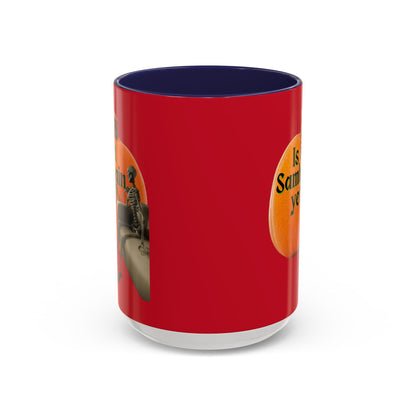 Is It Samhain Yet? Skeleton's Giant Pumpkin Red Accent Mug by CreepyCrafts.boo