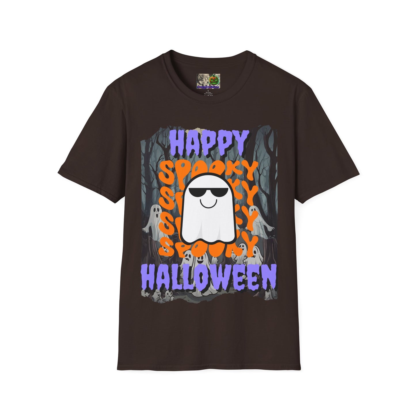 Spooky Happy Halloween Ghost Dark colors Purple font Unisex T-Shirt by CreepyCrafts.boo