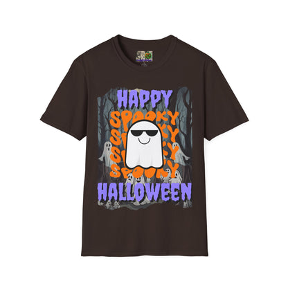 Spooky Happy Halloween Ghost Dark colors Purple font Unisex T-Shirt by CreepyCrafts.boo