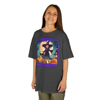 Happy Halloween Little Witch Purple font Kids Heavy Cotton™ Tee by CreepyCrafts.boo