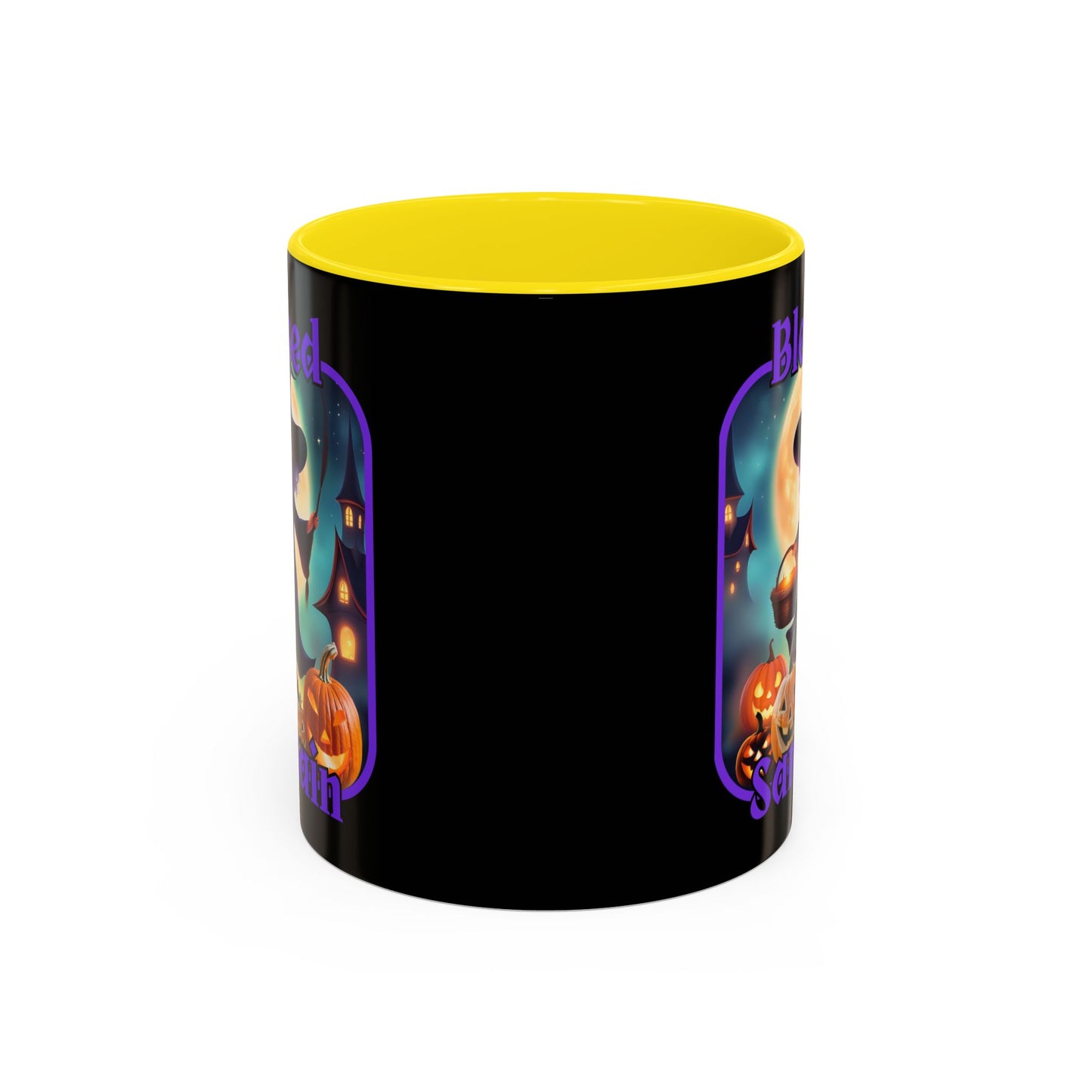 Blessed Samhain Little Witch Purple font Black Accent Mug by CreepyCrafts.boo