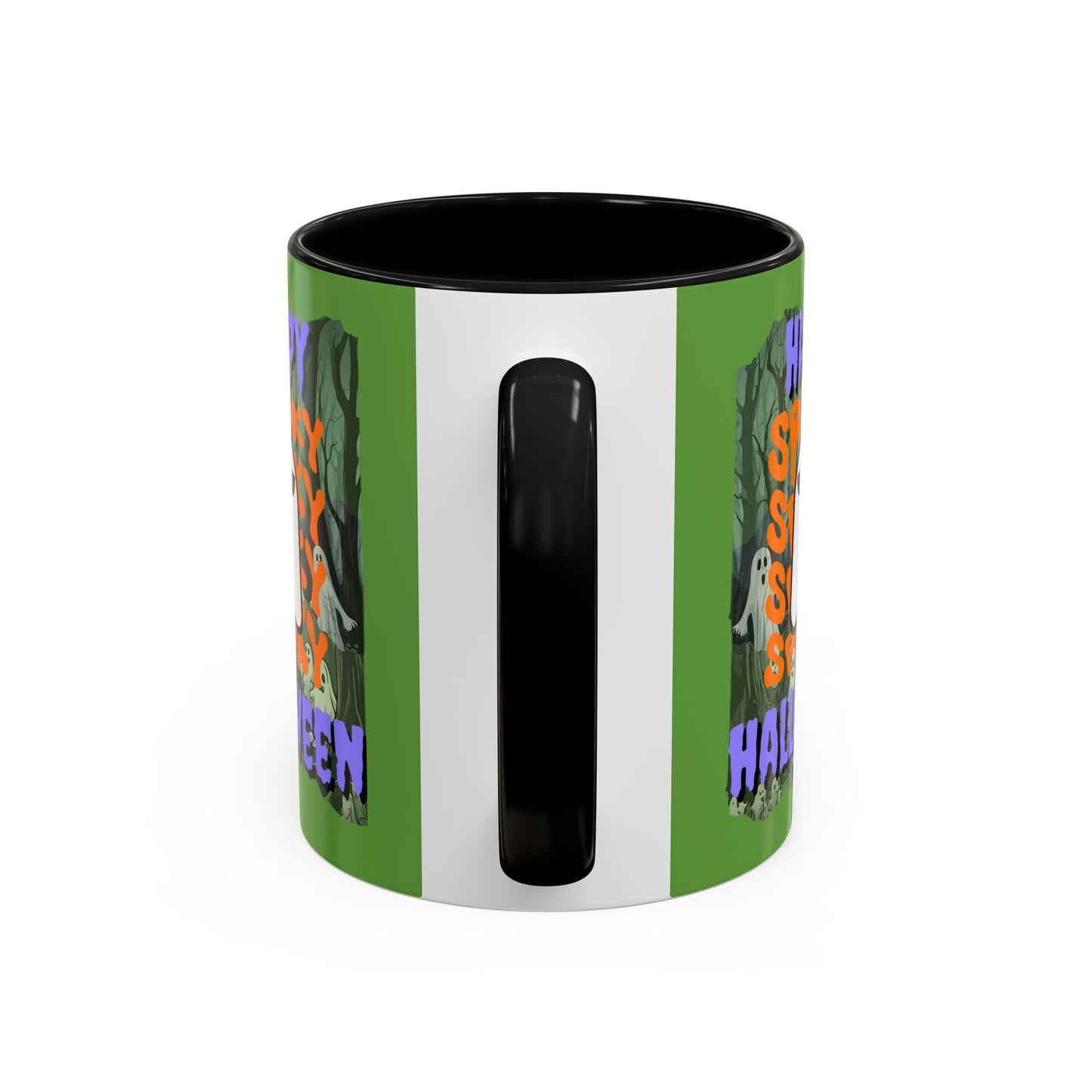 Spooky Happy Halloween Ghost Purple font Green Accent Mug by CreepyCrafts.boo