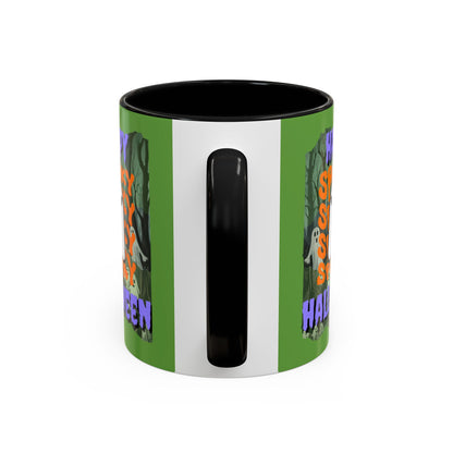 Spooky Happy Halloween Ghost Purple font Green Accent Mug by CreepyCrafts.boo