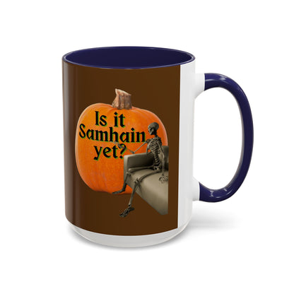 Is It Samhain Yet? Skeleton's Giant Pumpkin Brown Accent Mug by CreepyCrafts.boo