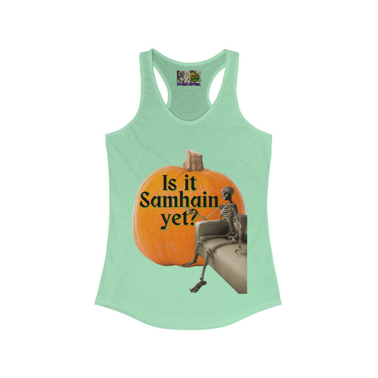 Is It Samhain Yet? Skeleton's Giant Pumpkin Women’s Racerback Tank Top by CreepyCrafts.boo