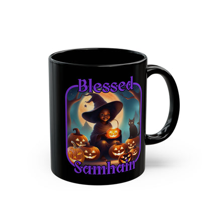 Blessed Samhain Cute Witch Purple font Black Mug by CreepyCrafts.boo