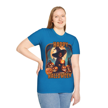 Happy Halloween Cute Witch Orange font, Dark colors, Unisex T-Shirt by CreepyCrafts.boo