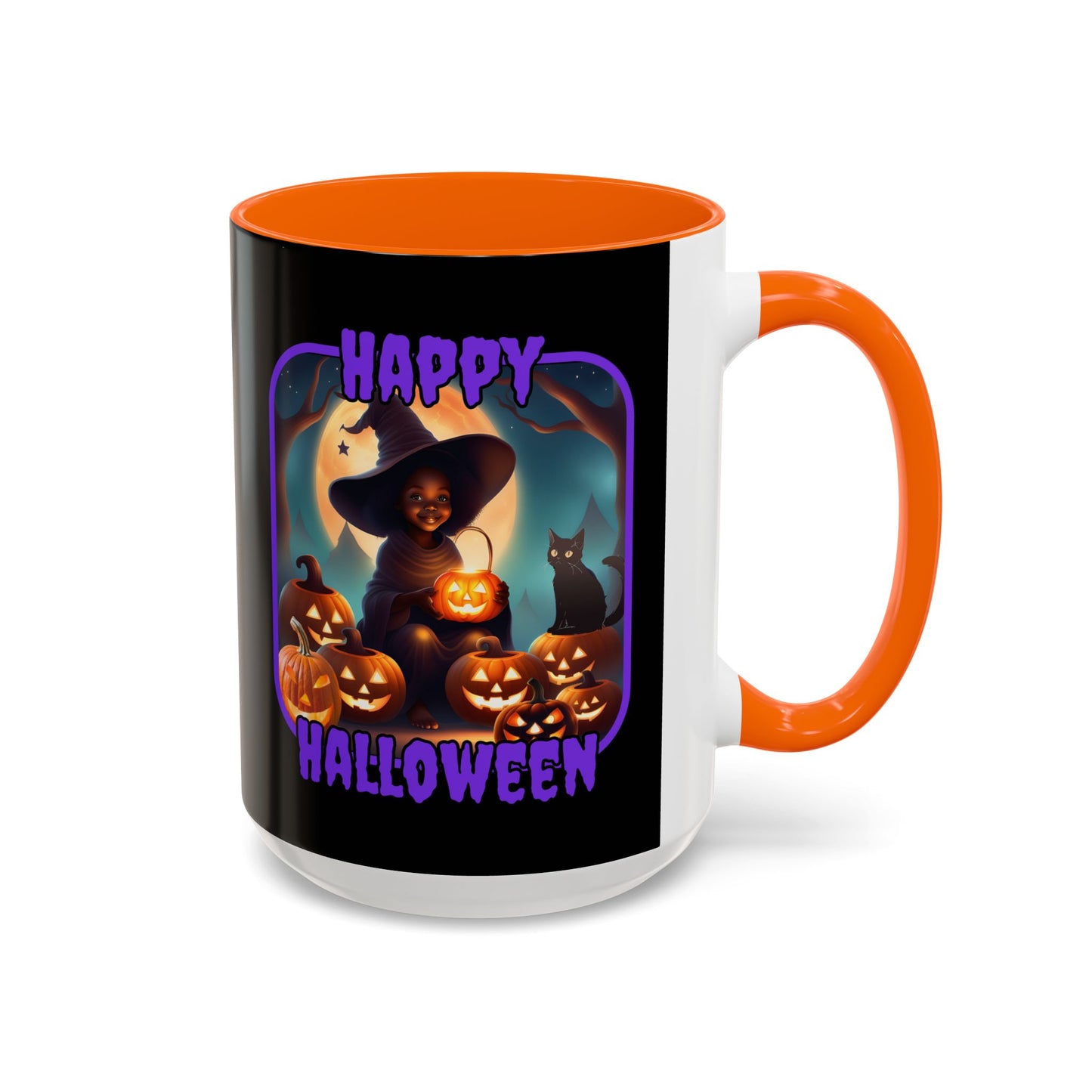 Happy Halloween Cute Witch Purple font Black Accent Mug by CreepyCrafts.boo