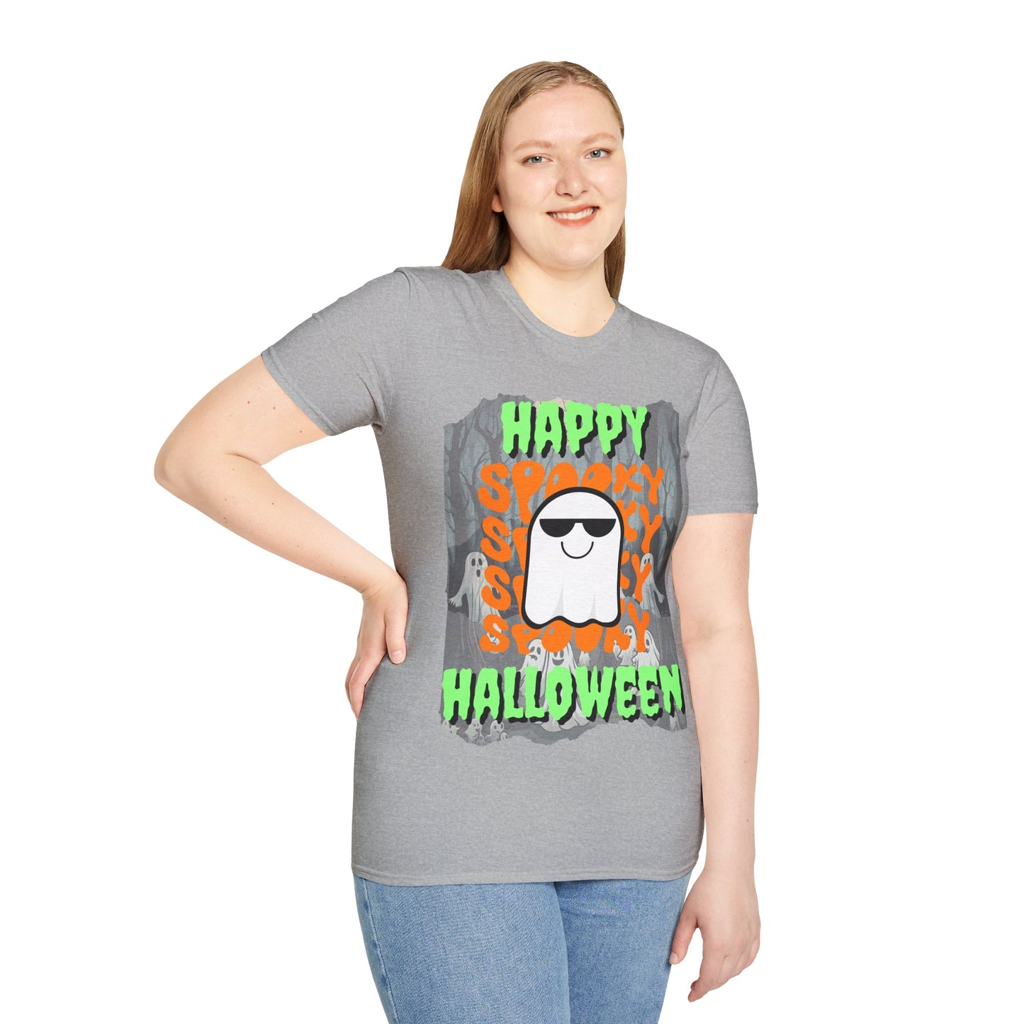 Spooky Happy Halloween Ghost Light colors Green font Unisex T-Shirt by CreepyCrafts.boo