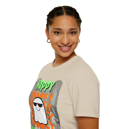 Spooky Happy Halloween Ghost Light colors Green font Unisex T-Shirt by CreepyCrafts.boo