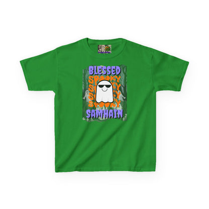 Spooky Blessed Samhain Ghost Purple font Kids Heavy Cotton™ Tee by CreepyCrafts.boo