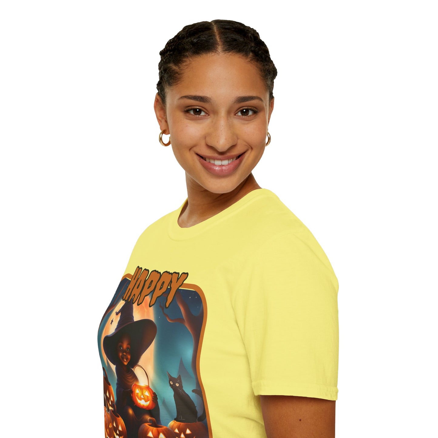 Happy Halloween Cute Witch Orange font, Light colors, Unisex T-Shirt by CreepyCrafts.boo
