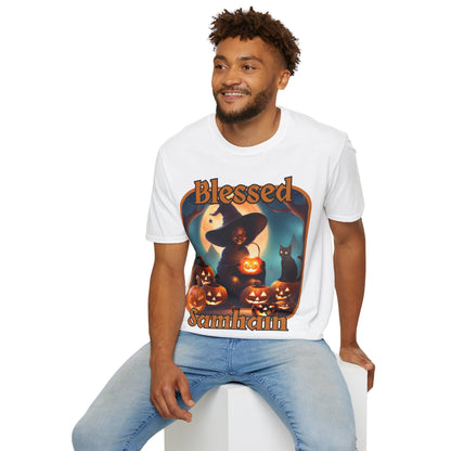 Blessed Samhain Cute Witch Orange font Light colors Unisex T-Shirt by CreepyCrafts.boo