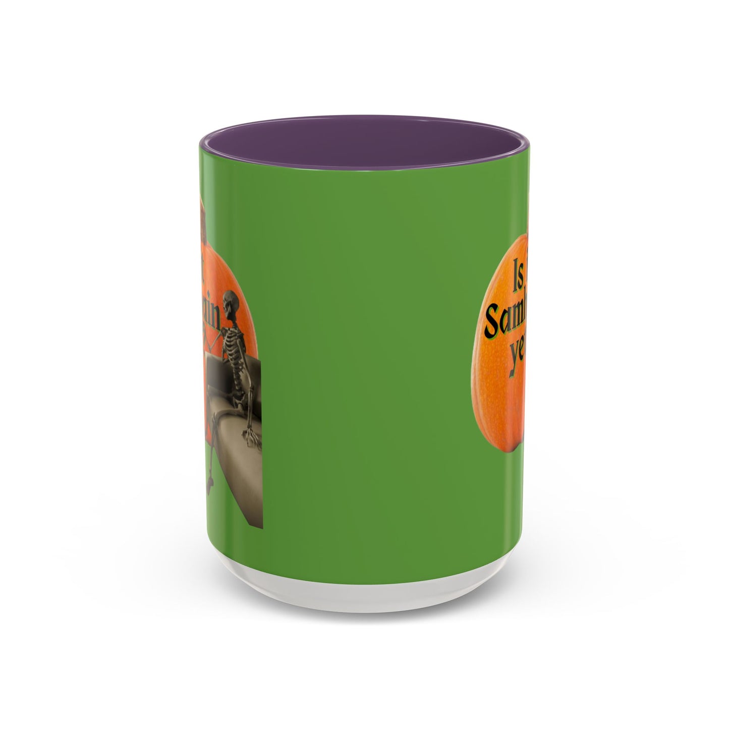 Is It Samhain Yet? Skeleton's Giant Pumpkin Green Accent Mug by CreepyCrafts.boo