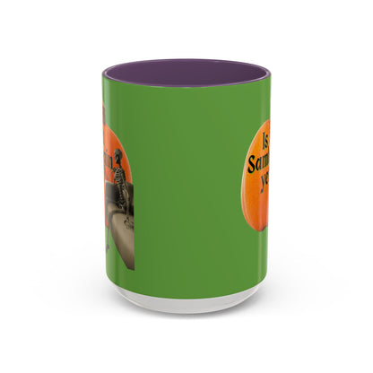 Is It Samhain Yet? Skeleton's Giant Pumpkin Green Accent Mug by CreepyCrafts.boo