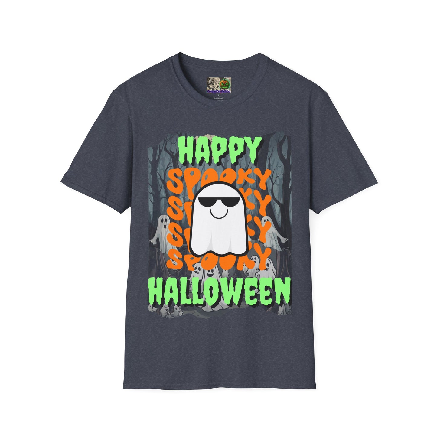 Spooky Happy Halloween Ghost Dark colors Green font Unisex T-Shirt by CreepyCrafts.boo
