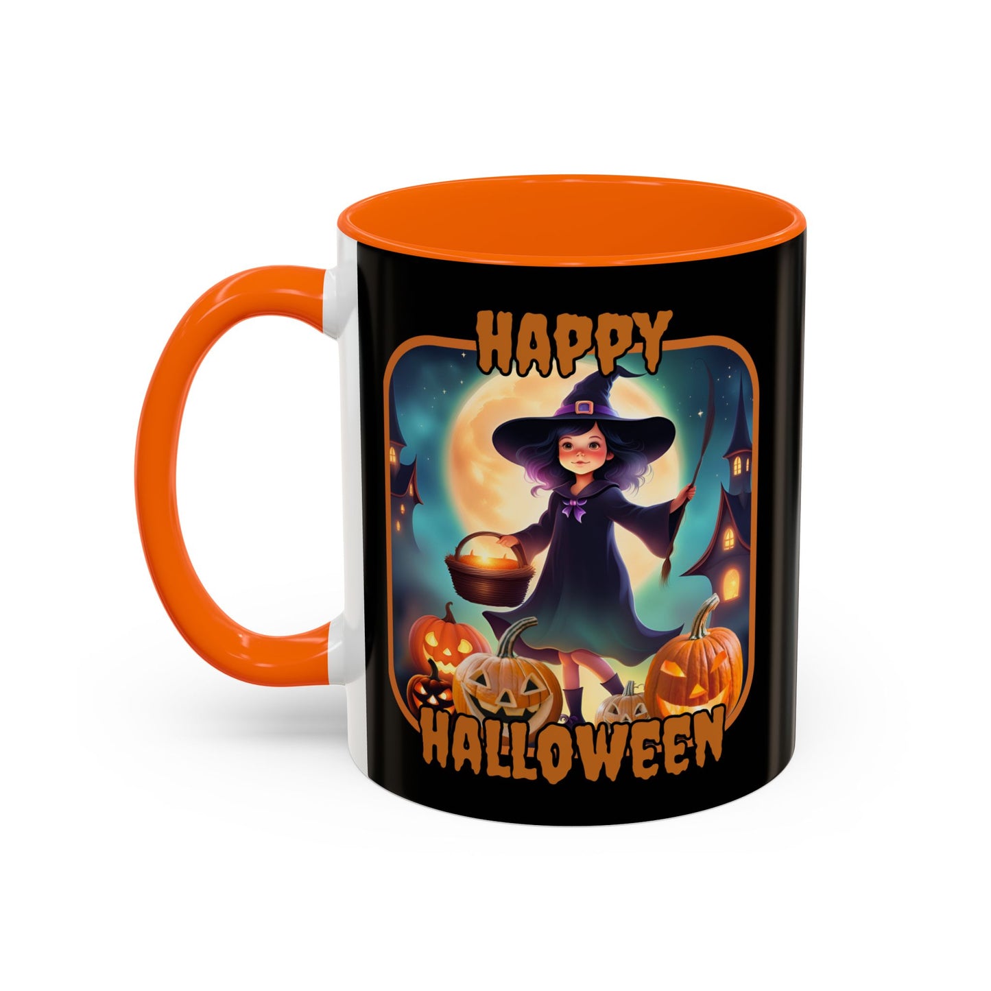 Happy Halloween Little Witch Orange font Black Accent Mug by CreepyCrafts.boo