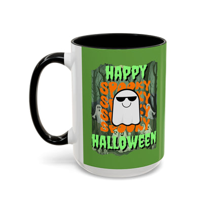 Spooky Happy Halloween Ghost Green font Green Accent Mug by CreepyCrafts.boo