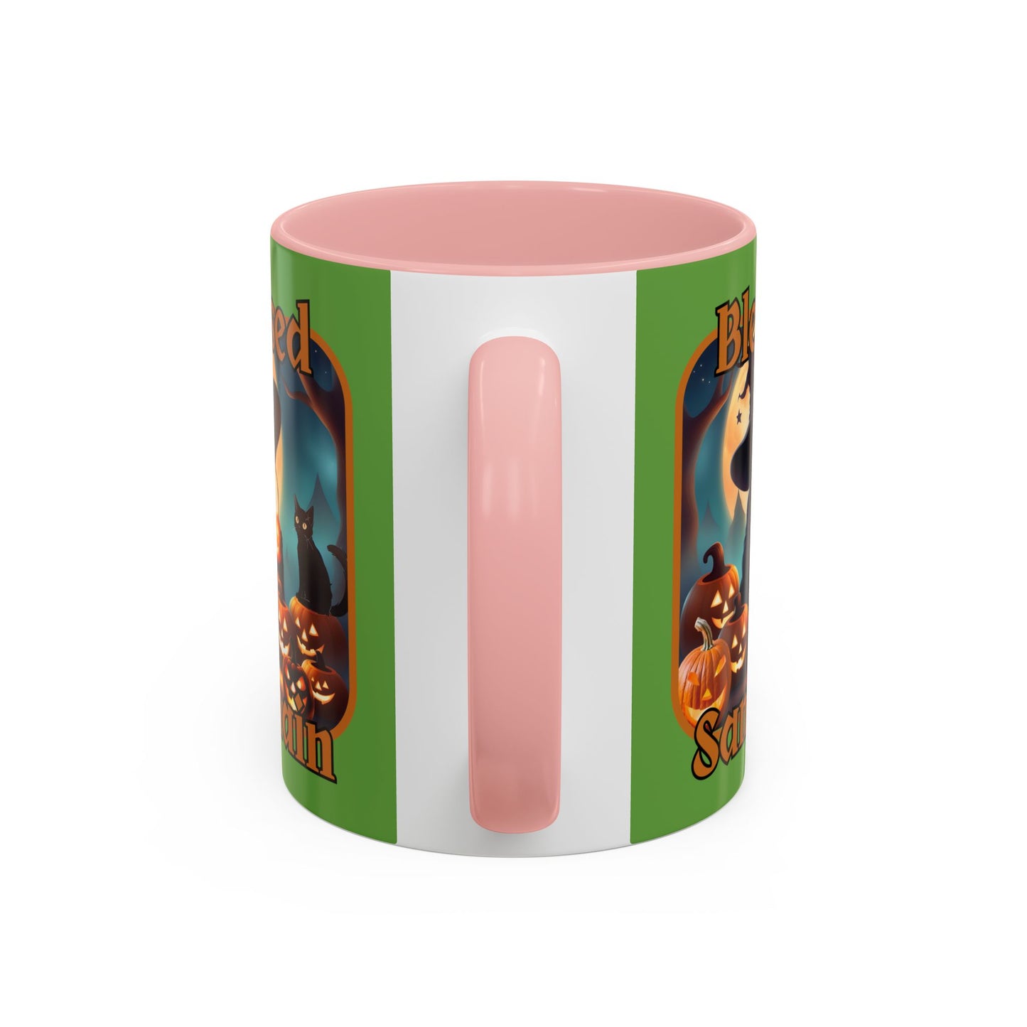 Blessed Samhain Cute Witch Orange font Green Accent Mug by CreepyCrafts.boo