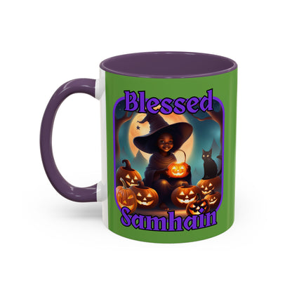 Blessed Samhain Cute Witch Purple font Green Accent Mug by CreepyCrafts.boo
