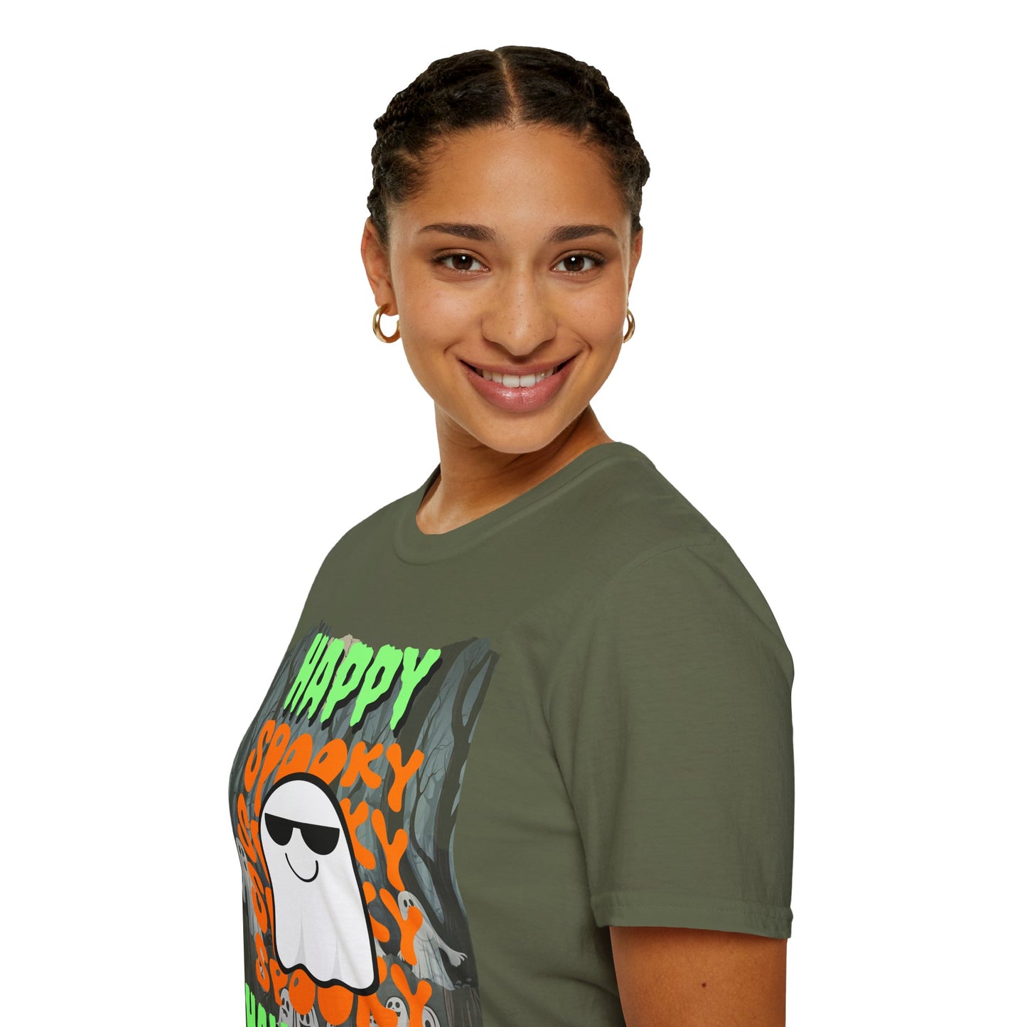 Spooky Happy Halloween Ghost Dark colors Green font Unisex T-Shirt by CreepyCrafts.boo