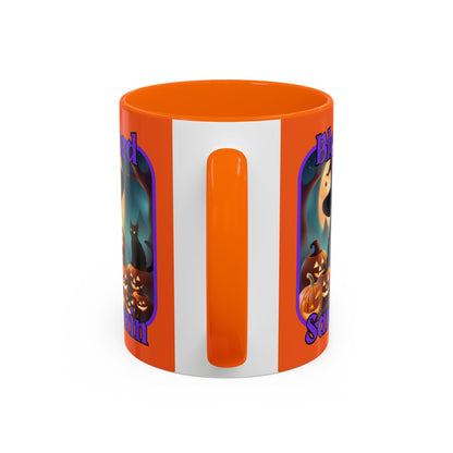 Blessed Samhain Cute Witch Purple font Orange Accent Mug by CreepyCrafts.boo