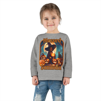 Blessed Samhain Cute Witch Orange font Toddler Long Sleeve Tee by CreepyCrafts.boo