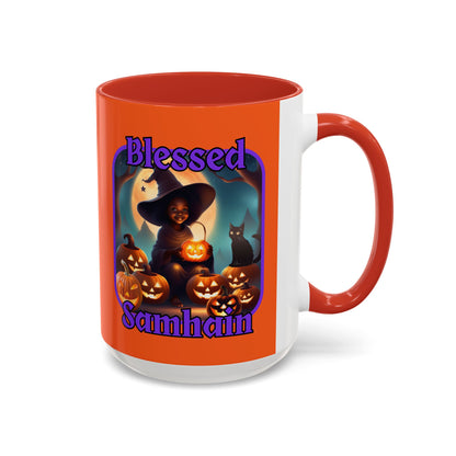 Blessed Samhain Cute Witch Purple font Orange Accent Mug by CreepyCrafts.boo