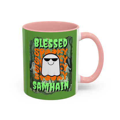 Spooky Blessed Samhain Ghost Green font Accent Mug by CreepyCrafts.boo
