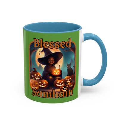 Blessed Samhain Cute Witch Orange font Green Accent Mug by CreepyCrafts.boo